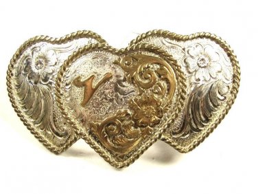 Vintage Silvertone Ladies 3 Heart Initial V 2 Tone Belt Buckle by ADM 101015