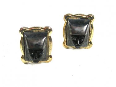1960's Silvertone & Black African Pharaoh Cufflinks Unbranded 102215