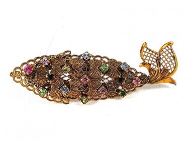 Early 1950's Made In Germany West Gold Tone Fish Rhinestones Brooch 102416
