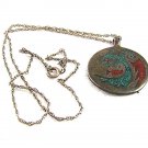 Old Native American Coin Silver Coral Turquoise Pendant Sterliing Chain 72417