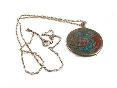 Old Native American Coin Silver Coral Turquoise Pendant Sterliing Chain 72417