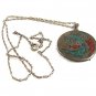 Old Native American Coin Silver Coral Turquoise Pendant Sterliing Chain 72417