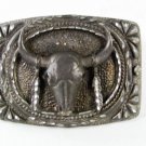 1993 Silver Tone Cow Head Skull Feathers Belt Buckle By EGC Made USA 51116