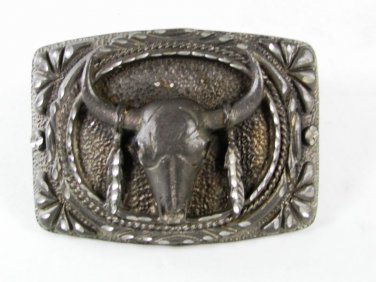 1993 Silver Tone Cow Head Skull Feathers Belt Buckle By EGC Made USA 51116