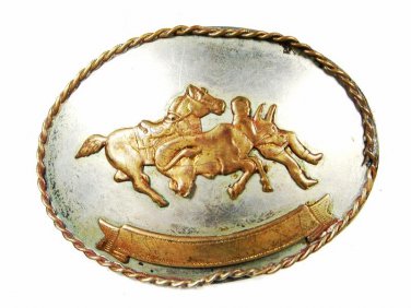 1950s Western Cowboy Rodeo Bull Busting German Silver Belt Buckle Unbranded