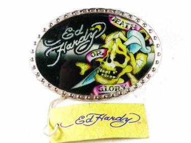 Skull Death or Glory Black Yellow Belt Buckle By ED HARDY 33116a w/ Tag