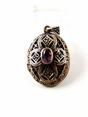 Sterling Silver Marcasites Amythest Cross Locket / Pendant By FAS 91916
