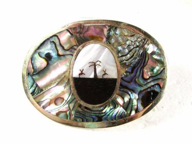 Western Silvertone Abalone Mother Pearl Black Belt Buckle Unbranded MEXICO