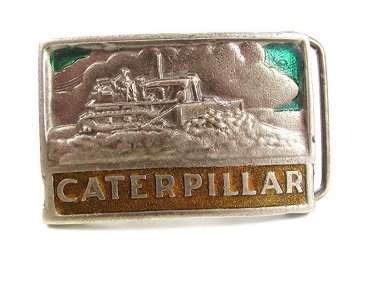 Vintage Silver Tone Enameled CATERPILLAR Belt Buckle 3217
