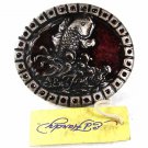 Koi Fish Silvertone Red Rhinestones Belt Buckle By ED HARDY 33116a w/ Tag