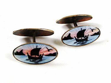 Vintage Enameled Moose Viking Ship Cufflinks By DAVID ANDERSEN 111616