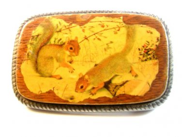 Vintage Inlaid Wood & Metal Two Squrrels Belt Buckle