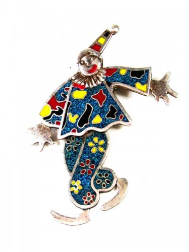 Mexican Taxco Sterling Silver Enameled Clown Brooch / Pendant 62916