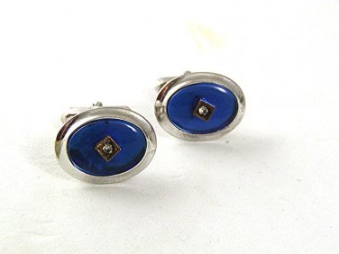 Vintage Silvertone & Blue & Rhinestones Cufflinks By ANSON PAT. PEND.  6217