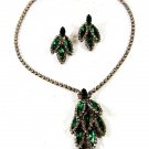 1950's Silvertone Green Rhiinestone Necklace & Pierced Earrings Unbranded