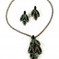 1950's Silvertone Green Rhiinestone Necklace & Pierced Earrings Unbranded
