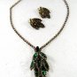 1950's Silvertone Green Rhiinestone Necklace & Pierced Earrings Unbranded
