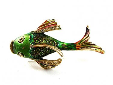 Vintage Goldtone Green Rhinestones Koi Fish Brooch 4217