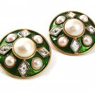 Vintage Goldtone Green Faux Pearls Rhinestones Clip On Earrings 4217