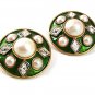 Vintage Goldtone Green Faux Pearls Rhinestones Clip On Earrings 4217