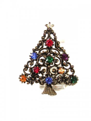 Vintage Christmas Tree W/ Sparkly Rhinestones Brooch BY J.J. 52316