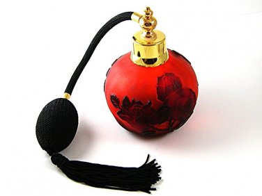Gold Tone Orange & Black Art Glass Flower Perfume Bottle & Atomizer 1117