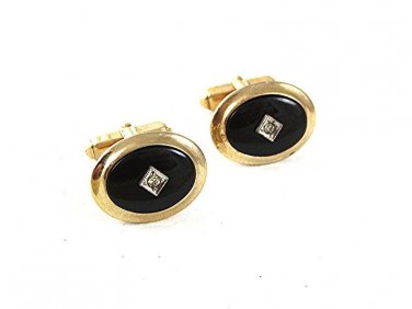 1960's Goldtone Black & Rhinestone Dress Cufflinks By ANSON 5517