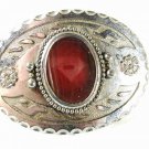 Vintage Western Cowboy Silvertone Red Stone Belt Buckle By CD 41616