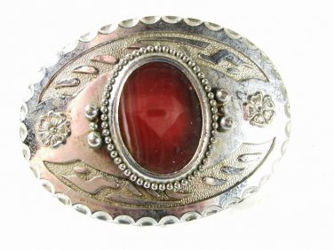 Vintage Western Cowboy Silvertone Red Stone Belt Buckle By CD 41616