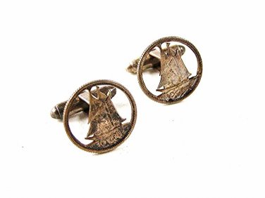 Vintage Sterling Silver .10 Cent Coin Sail Boat Cutout Cufflinks 102616