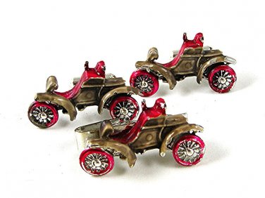 Silver Tone Red Roadster Jalopy Car Auto Cufflinks & Matching Tie Clasp 111716