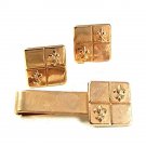 Mid Century Modern Goldtone Fleur de Lis Cufflinks & Tie Clasp 41317