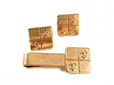Mid Century Modern Goldtone Fleur de Lis Cufflinks & Tie Clasp 41317