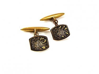 Vintage Small Goldtone & Black Damascene Cufflinks 61517