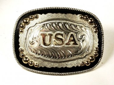 Western Silver Tone Gold Tone Black U.S.A. Belt Buckle by SILVER STRIKE 111215