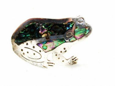 Mexican Alpaca Silvertone & Abalone Frog Brooch Unbranded 41116
