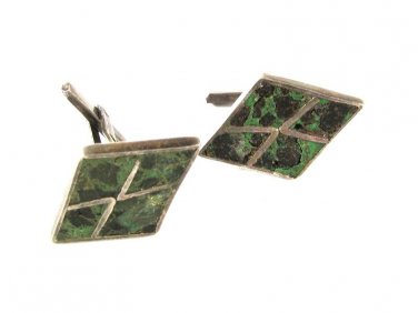 Vintage Sterling Silver & Crushed Green Stone Cufflinks Unbranded 41416