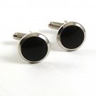 Vintage Small Silvertone & Black Round Cufflinks 101517