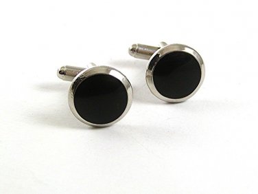 Vintage Small Silvertone & Black Round Cufflinks 101517