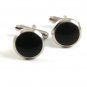 Vintage Small Silvertone & Black Round Cufflinks 101517