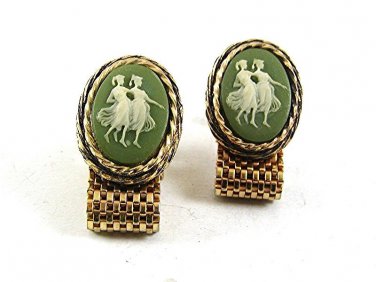 1970's Goldtone Green 2 Dancing Ladies Girls Wrap Around Cufflinks 111317