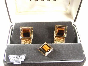 1970's Tiger Eye Wrap Around Cufflinks Tie Tac Unbranded In Box 31816