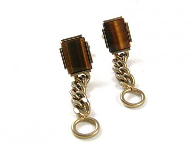 1970's Silver Tone & Tiger Eye Around Cufflinks Marked w/ S In Shield 1317