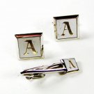 Silvertone White Initial A Cufflinks & Tie Clasp By SWANK 42616
