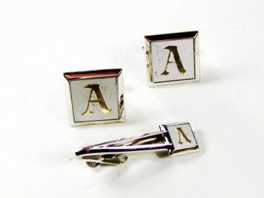 Silvertone White Initial A Cufflinks & Tie Clasp By SWANK 42616
