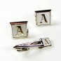 Silvertone White Initial A Cufflinks & Tie Clasp By SWANK 42616
