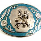 Vintage Western Cowboy Silvertone & Blue Square Dancing Belt Buckle 102617