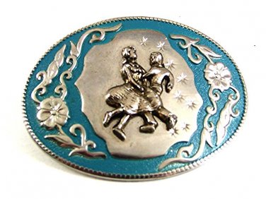 Vintage Western Cowboy Silvertone & Blue Square Dancing Belt Buckle 102617