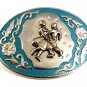 Vintage Western Cowboy Silvertone & Blue Square Dancing Belt Buckle 102617