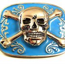 Vintage Silvertone & Blue Skull & Crossbones Belt Buckle 12317